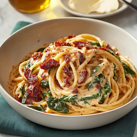 A bowl of creamy pasta with spinach and sun-dried tomatoes garnished with black pepper.