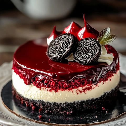 A decadent layered cake featuring red velvet, cream cheese, and a glossy chocolate ganache topped with Oreo cookies and decorative red drizzle.