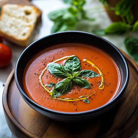 A bowl of vibrant tomato soup garnished with fresh basil leaves and drizzled with olive oil, accompanied by a slice of bread and cherry tomatoes.