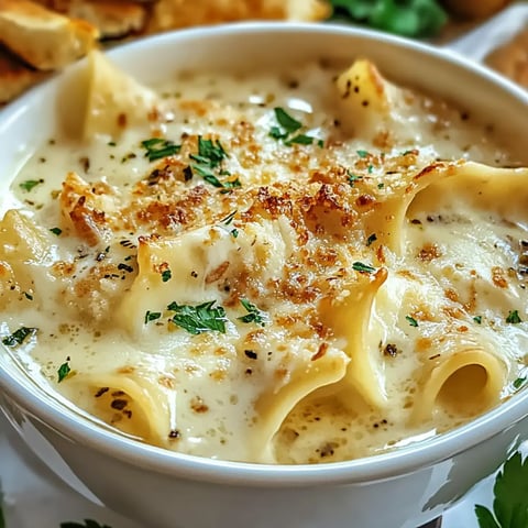 A creamy pasta dish topped with parsley and a golden brown breadcrumb crust, served in a white bowl.