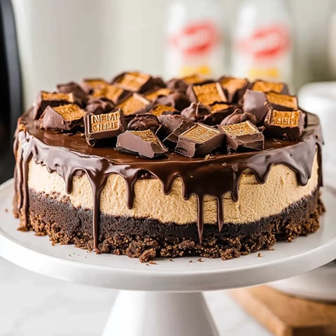 A creamy layered cake topped with chocolate ganache and pieces of chocolate bars sits on a white cake stand.