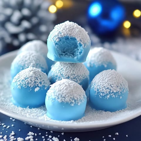 A plate of blue dessert balls dusted with white powdered sugar, resembling snow, with one ball partially bitten.