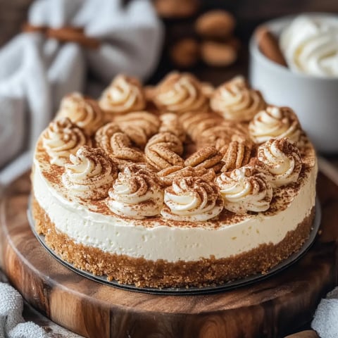 A beautifully decorated cheesecake with a graham cracker crust, topped with whipped cream rosettes and a dusting of cinnamon.