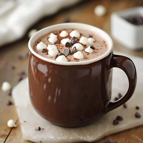 A brown mug filled with hot chocolate topped with whipped cream and chocolate chips, sitting on a light stone surface with scattered chocolate chips around it.