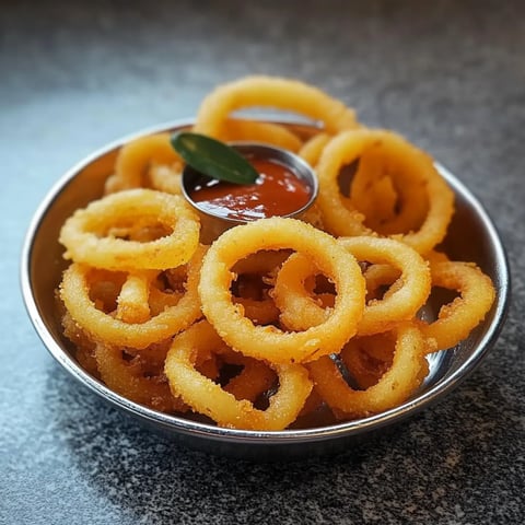 A silver bowl filled with golden fried onion rings served with a small cup of dipping sauce.