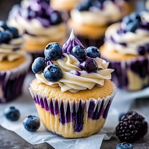 A close-up of a cupcake topped with swirls of cream and blueberries, set against a blurred background of similar cupcakes.