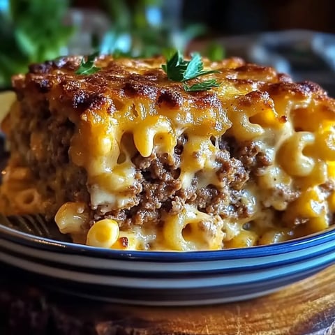 A serving of baked macaroni and cheese layered with ground beef and topped with a golden, crispy crust, garnished with a sprig of parsley.