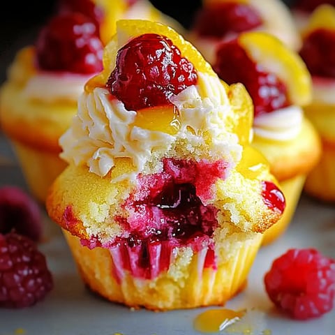 A close-up of a cupcake topped with frosting, raspberries, and a slice of lemon, with a bite taken out revealing a raspberry filling.