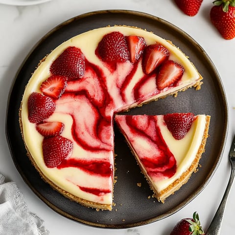 A cheesecake topped with swirled strawberry sauce and fresh strawberries, with a slice missing on a dark plate.