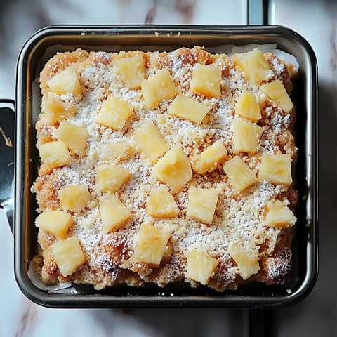 A baked dish topped with diced pineapple and a dusting of powdered sugar, presented in a square metal pan.