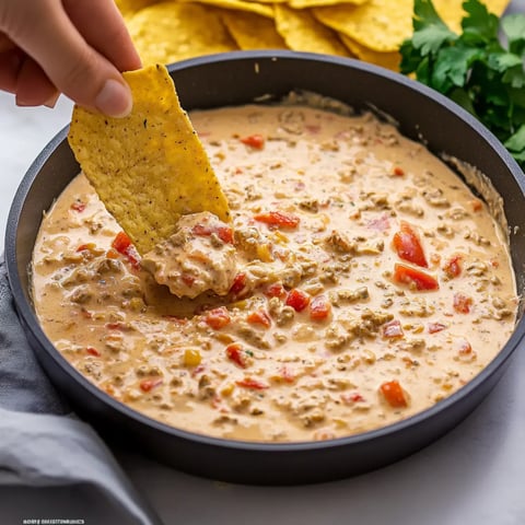 A hand dips a tortilla chip into a creamy, tomato-flecked dip in a black bowl, with more chips and cilantro in the background.