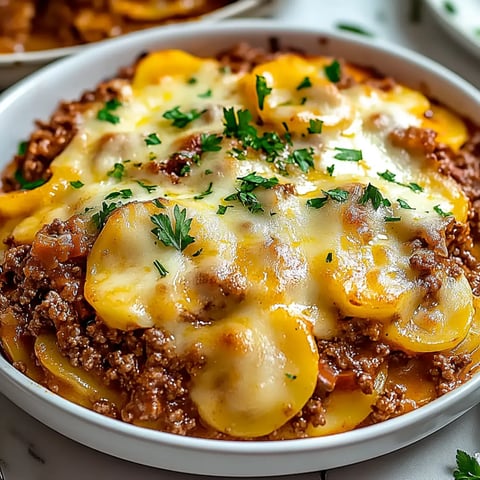 A close-up of a hearty casserole dish featuring layers of ground beef, sliced potatoes, and melted cheese, topped with fresh parsley.