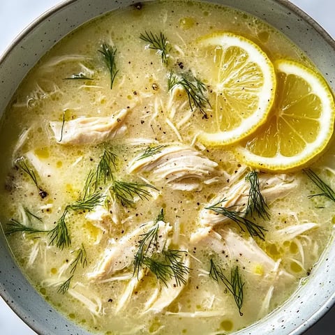 A creamy chicken soup garnished with fresh dill and lemon slices.