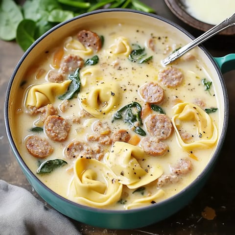 A creamy soup with tortellini, sliced sausage, spinach, and spices served in a blue bowl.