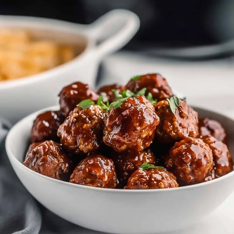 A close-up of a white bowl filled with glazed meatballs garnished with fresh herbs, with a muted background featuring another dish.