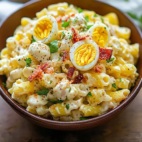 A bowl of creamy pasta salad topped with sliced hard-boiled eggs, bacon bits, and green herbs.