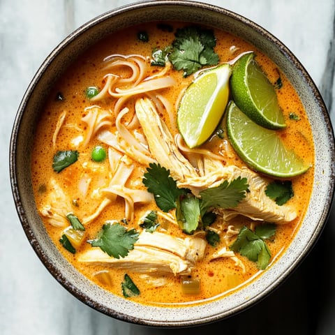 A bowl of creamy soup featuring shredded chicken, rice noodles, cilantro, and lime wedges in a spiced broth.