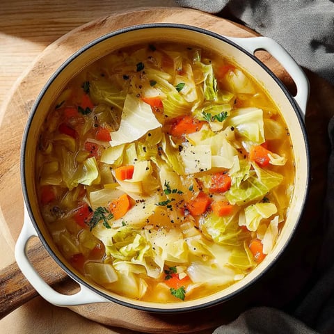 A pot of vegetable soup contains chopped cabbage, carrots, and herbs, resting on a wooden surface.