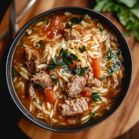 A close-up of a black bowl filled with soup containing orzo pasta, pieces of sausage, diced tomatoes, and chopped greens.