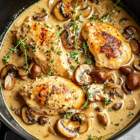 Three golden-brown chicken breasts simmer in a creamy sauce with mushrooms and fresh thyme.