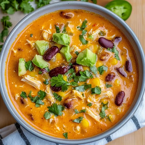 A bowl of creamy chicken chili topped with diced avocado, kidney beans, corn, and fresh cilantro.